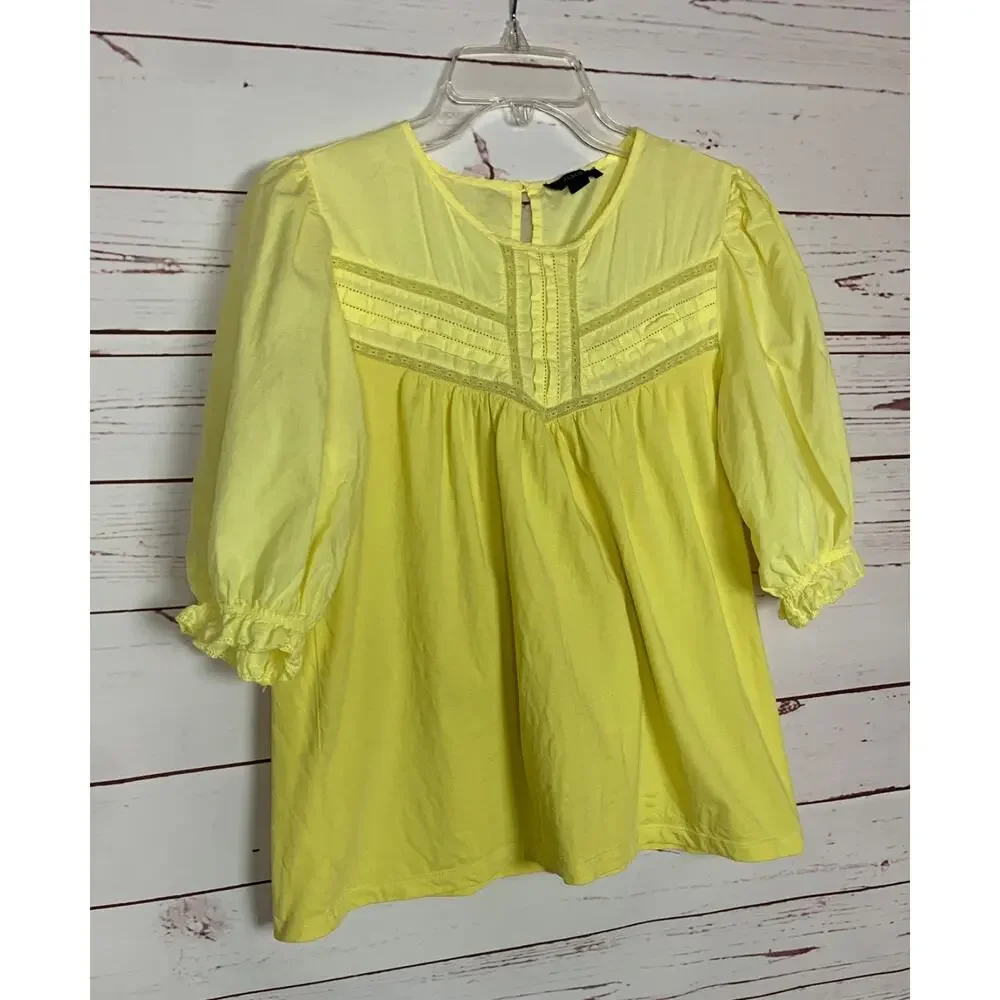 J. Crew Women's M Medium Yellow Lace Puff Short Sleeve Preppy Cotton Top Blouse
